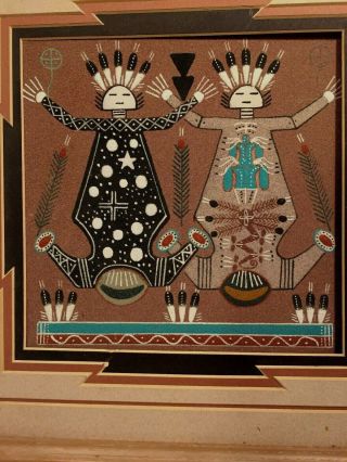 Framed Navajo Sand Painting " Father Sky & Mother Earth” By Rosabell Bev