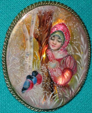 " Snow Maiden With Bullfinches " Hand Painted Russian Fedoskino Mop Brooch -