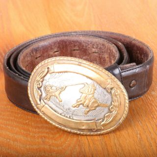 Western Cowboy Calf Roping Belt Buckle With Brown Leather Belt