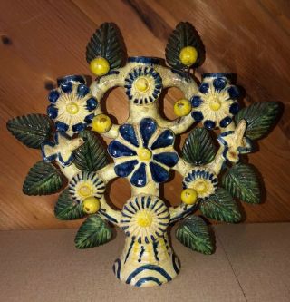 12 " Mexican Art Pottery Folk Art Tree Of Life Candleholder W Flowers & Birds