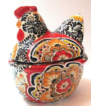 Mexican Talavera Pottery Ceramic Chicken Hen Lid Dish Casserole Canister Blue