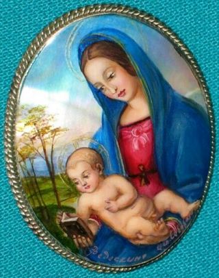 " Madonna With A Child " Russian Hand Painted Fedoskino Mother - Of - Pearl Brooch