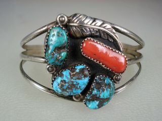 Old Zuni Navajo Sterling Silver & Turquoise Coral Cluster Bracelet