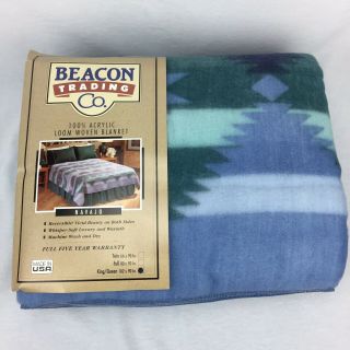 Beacon Trading Co Plush Blanket Navajo Pattern Blue Green Queen To King 102x90