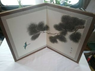 Japanese Silk Painting Of A Blue Bird And Pine Tree Branch