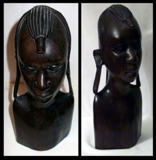 Ebony Iron Wood Carving of African Female Tribal Head Bust Statue 2