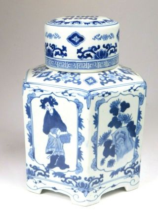 Chinese 6 Panel Hand Painted Blue White Large Ginger Jar Cover Ovoid Urn Vase