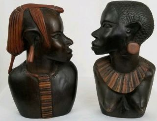 Vintage Nude Tribal African Bust Man Woman Carved Wood Pair Mid Century