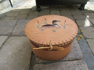 Native American Porcupine Quill And Birch Bark Basket Box With A Loon Design