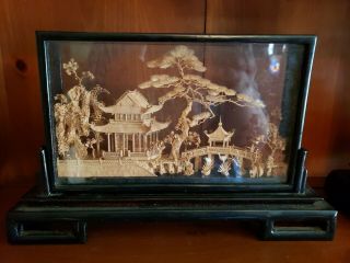 Vintage Asian Oriental Hand Carved Cork Art Shadow Box Diorama 3d