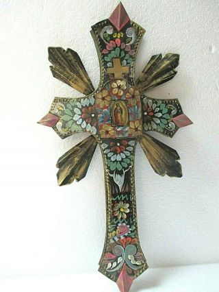 Mexican Folk Art Punched Tin Painted 3d Ray Wall Cross Virgin Church Black 18 "