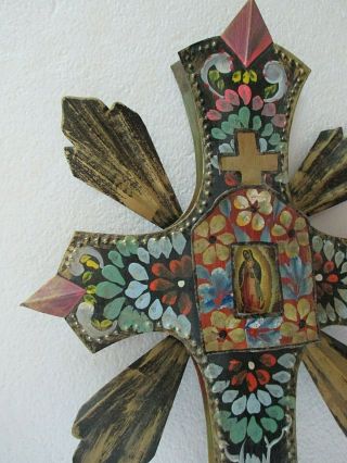Mexican Folk Art Punched Tin Painted 3D Ray Wall Cross Virgin Church Black 18 
