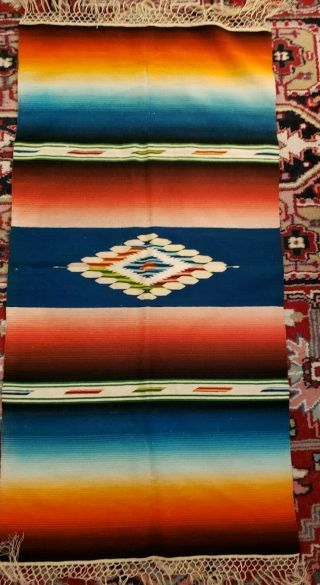 Vintage Wool Mexican Serape Saltillo Table Runner - 44 " By 23 "