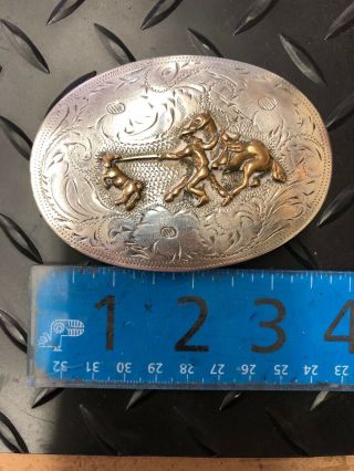 Vintage Sterling Silver Cowboy Roping Western Belt Buckle