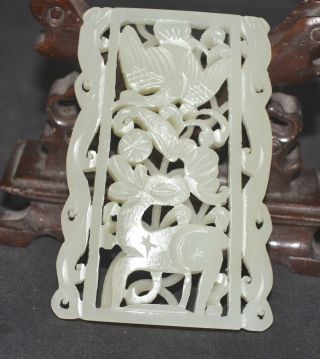 Estate Chinese Hetian Jade Deer Bat Crane Fu Lu Shou Totem Pei Carving Amulet Ft