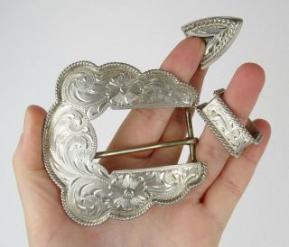 Sterling Silver Mexican Big 3 " Western Engraved Texas Ranger Ornate Belt Buckle