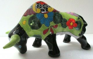 Mexican Folk Art Talavera Pottery Animal Cow Bull Figure 13 " Western