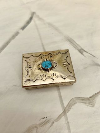 Vintage Navajo Sterling Silver Turquoise Stamped Pill Box Snuff Box
