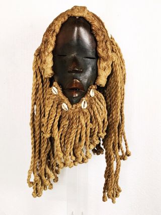 Vintage African Ceremonial Mask Dan Tribal Mask Ivory Coast Wood Rope And Shells