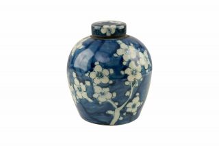 Reverse Blue And White Cherry Blossom Floral Porcelain Ginger Jar 6 "