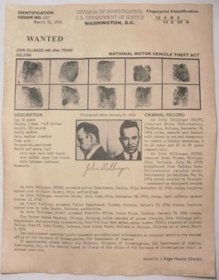 John Dillinger Wanted Poster W/prints,  Gangster,  Outlaw,  Bank Robber