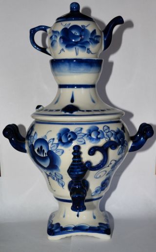 Russian Gzhel Art Porcelain Blue & White Large Souvenir Samovar With Teapot Bowl