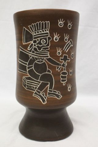 Vintage Art Pottery Large Aztec Inspired Vase 10.  5 " Signed Armando De Mexico
