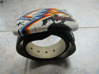 VTG HAND CRAFTED BEADED GEOMETRIC DESIGN NATIVE AMERICAN INDIAN BELT & BUCKLE 2