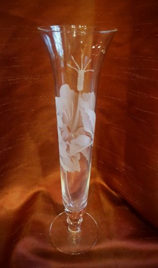 Frank Oda Etched Hibiscus Vase,  Vintage Hawaiian Art Glass