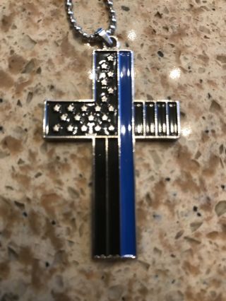 Thin Blue Line Cross Pendant Necklace Police Tribute