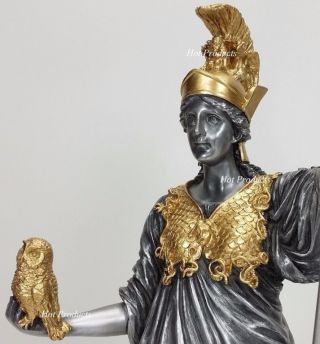 Athena Goddess Of Wisdom W Owl Greek Mythology Sculpture Pewter Gold Finish