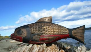 Northwest Coast First Nations Native Cedar Art Carved 3d Salmon,  Quality