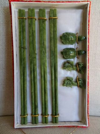 Vintage Jade Chopsticks Set Turtle & Dragon Rest Natural