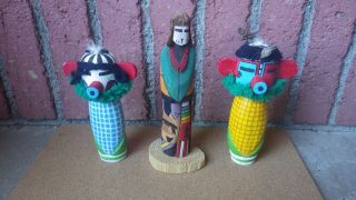Hopi & Zuni Cottonwood Kachina Katsina Set Of 3 Including 2 Corn & Shalako Dolls