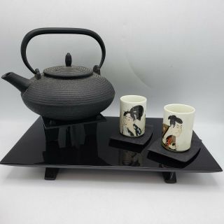 Japanese Tea Set With Iron Tea Kettle & Mugs With Stands