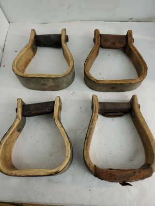 4pc Vintage Western Wooden Stirrups Leather Covers