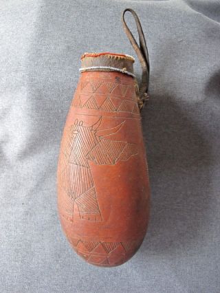 African Samburu Kenya Decorated Incised Gourd Leather & Beads Container