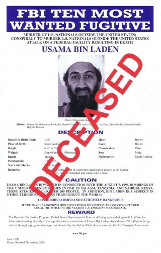 Three (3) Usama Bin Laden Fbi Most Wanted Posters - Via Seal Team 6