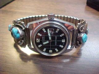 Navajo Sterling Rb Signed Sterling Silver Turquoise Watch Band With Wristwatch