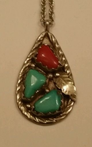 Turquoise Necklace W/ Coral Native American Indian H.  Vance Sterling Silver 925