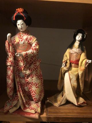 Pair Vintage Japanese Geisha Dolls 11”w/kimono,  Wood Stand