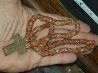 1700 To 1800s Bronze Fur Trade Cross And Pipestone Bead Necklace