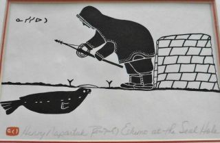 Henry Napartuk Canadian Eskimo Inuit Signed Art Print - ESKIMO AT THE SEAL HOLE 2