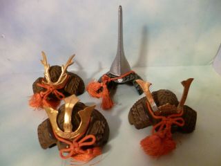 Samurai Warrior Helmets Set Of Four Ornate Cast Iron Miniatures