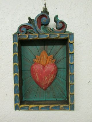 Hand Carved Colorful Retablo Sacred Heart Nicho 43 - Mexican Folk Art - 9 X 15