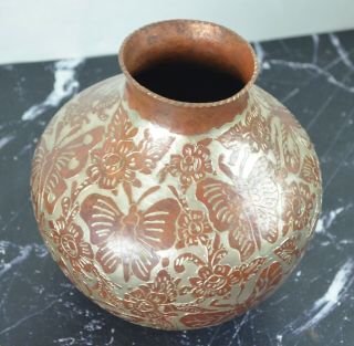 Silver Accented Copper Etched Vase with Floral and Butterfly Made in Mexico 2