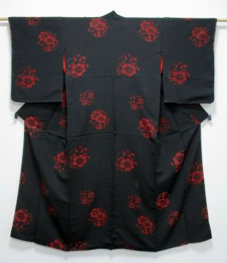 Japanese Silk Antique Kimono / Omeshi / Black & Red / Flower / Vintage Silk /754
