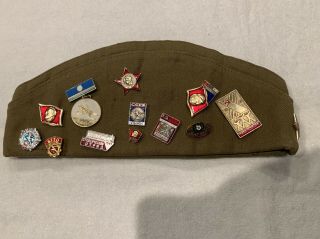 Authentic Russian Military Ussr Pilotka Hat & Many Pins Soviet Union Shape