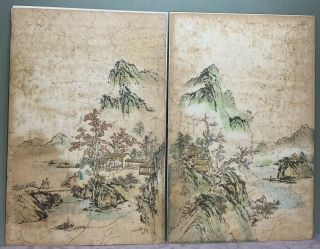 Vintage Signed Chinese Silk Water Color Paintings L 16.  25”x 10.  75”landscape