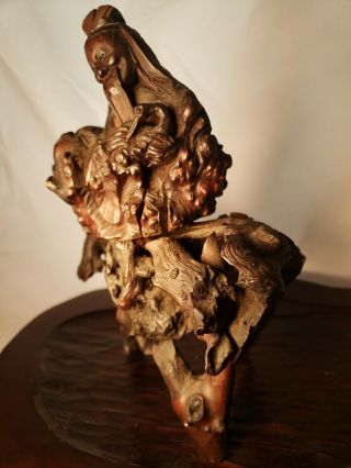 Antique Asian Hand Carved Wood Old Chinese Wise Man Figure On Bonsai Root W/base